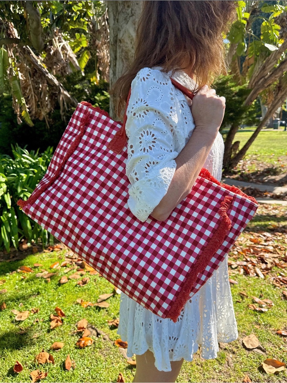 Red Gingham Tote Bag with Fringe - Women